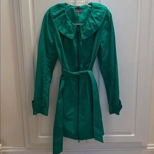 Kristin Davis Womens Green Trench Coat Small Long Sleeve Pleated Belted Ruffle